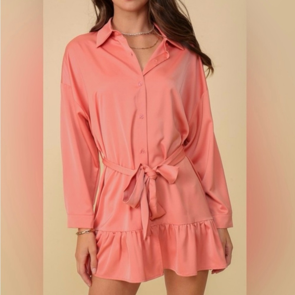 Lumiere Satin Ruffle Shirt Dress